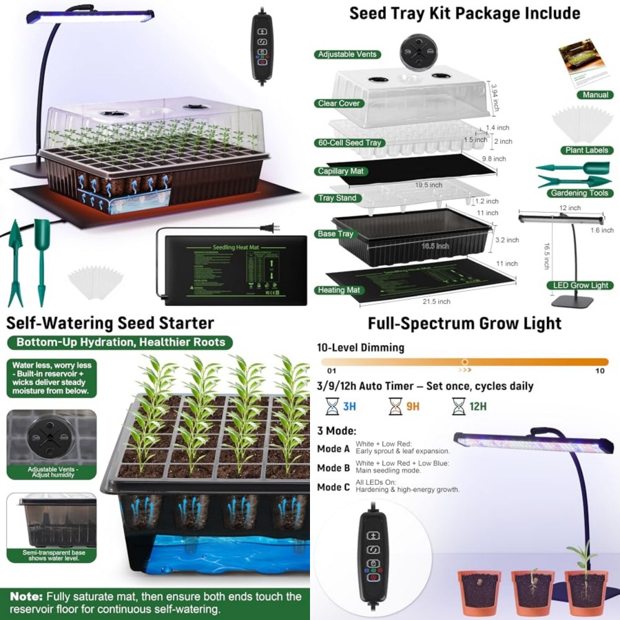 Seed Starter Tray Kit With Grow Light - 60 Hücreli Kendiliğinden Sulanan Tohum Başlangıç