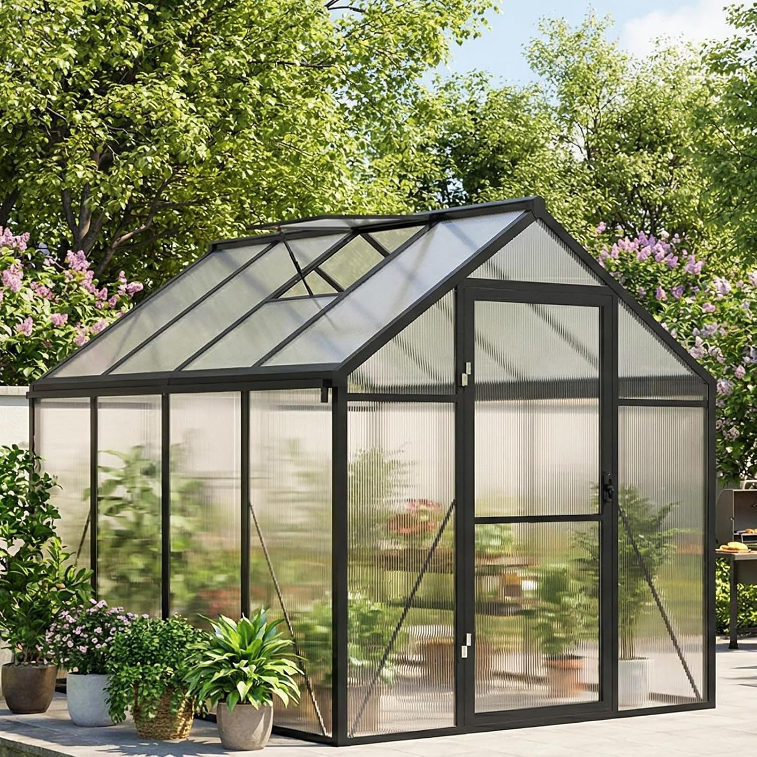 Polycarbonate Greenhouse Aluminum Frame - Çatı Havalandırmalı, Kilitlenebilir Dışa Açılan Kapılı